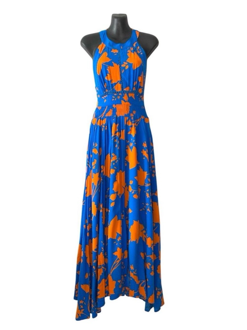 Anthropologie Blue and Orange Floral Halter Maxi Dress with Smocked Waist Size S